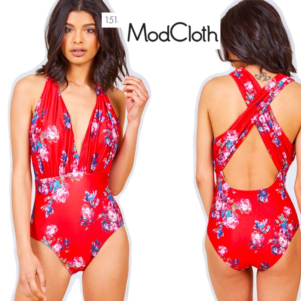 Sexy Vintage Red Floral One-Piece Swimsuit
